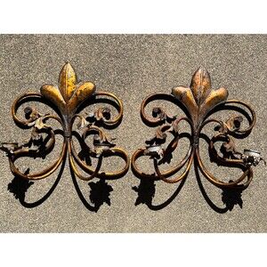2 Unique Vintage Gold and Black Wall Sconces Candle Holders Decor 15" x 15" x 5"